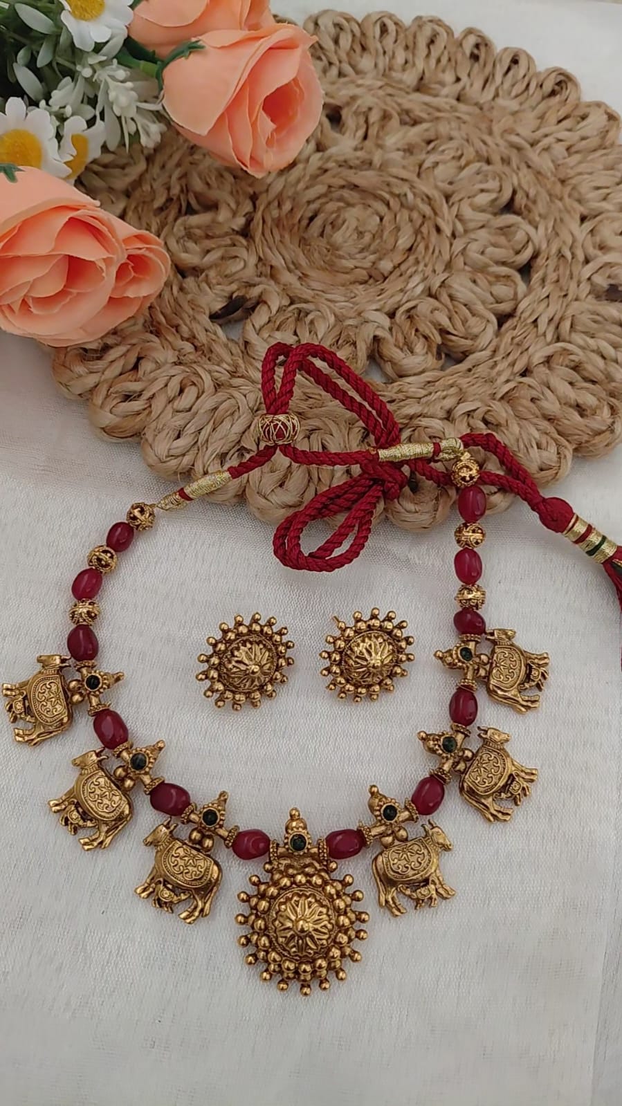 Kamadhenu Antique Gold Temple Necklace Set with Ruby Red Beads & Stud Earrings