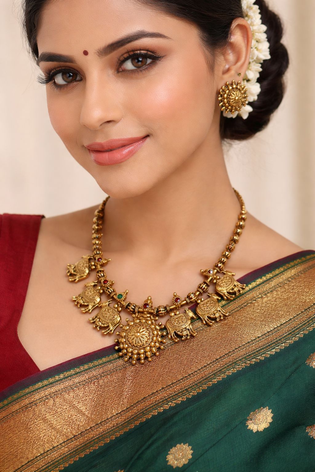 Kamadhenu Temple Necklace Set with Gold Filigree Balls & Lotus Stud Earrings