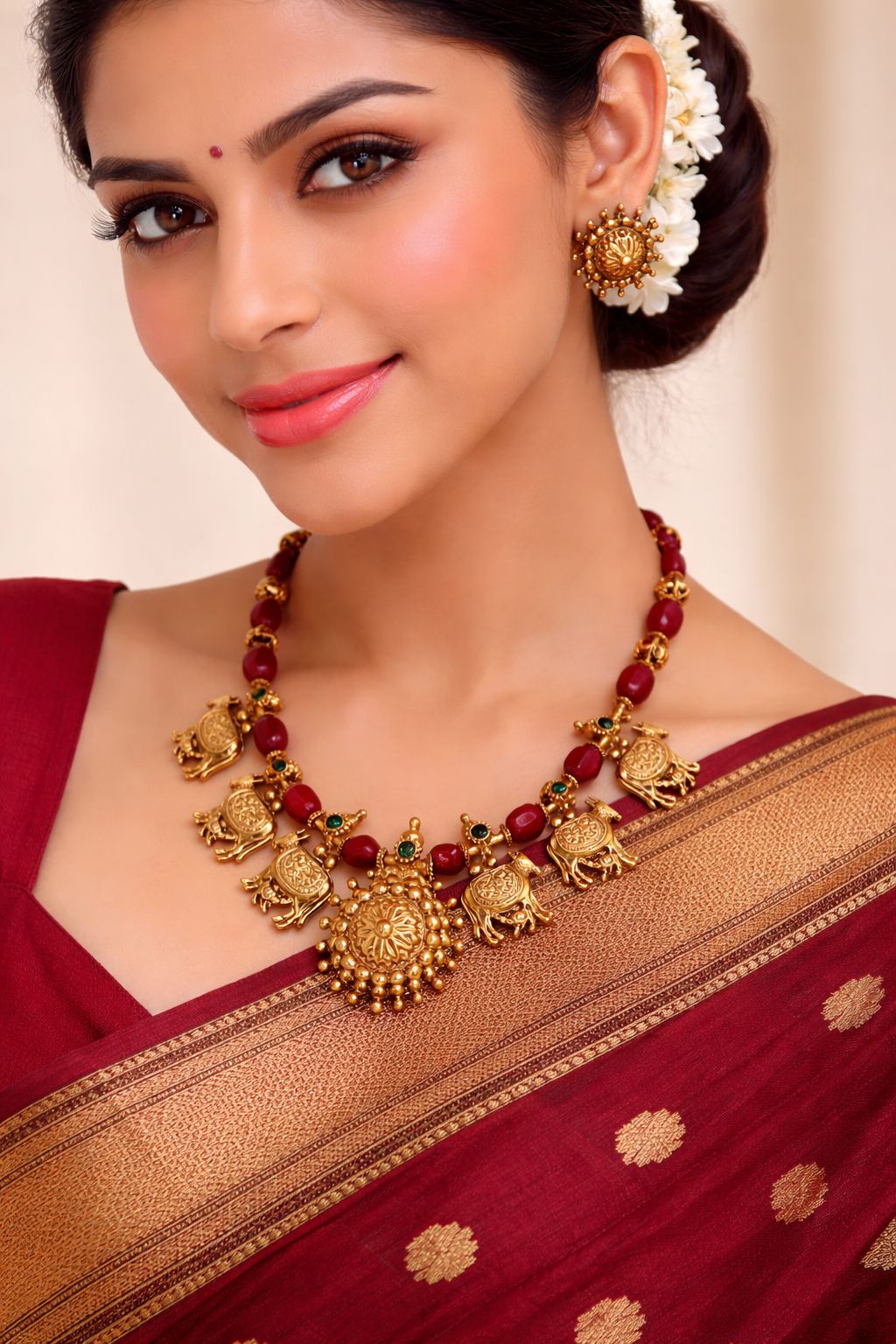 Kamadhenu Antique Gold Temple Necklace Set with Ruby Red Beads & Stud Earrings
