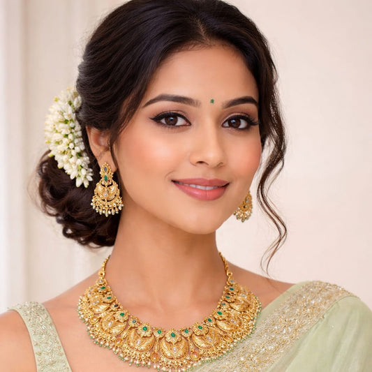 Antique Peacock Motif Temple Choker Set with Green Stone & Pearl Drops