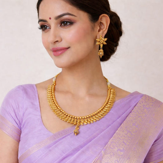 Antique Gold Leaf & Bead Necklace & Earring Set