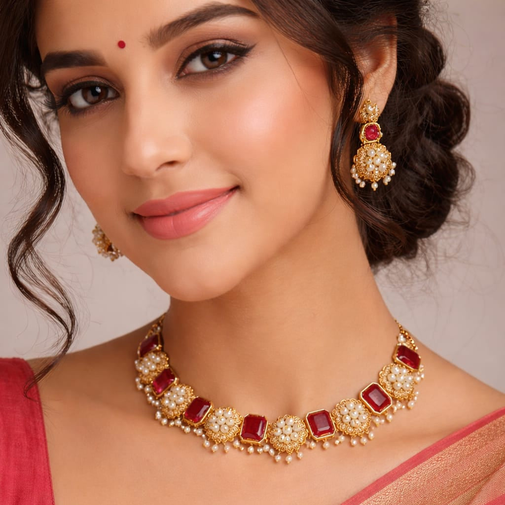 Ruby Rectangle & Pearl Filigree Necklace & Earring Set