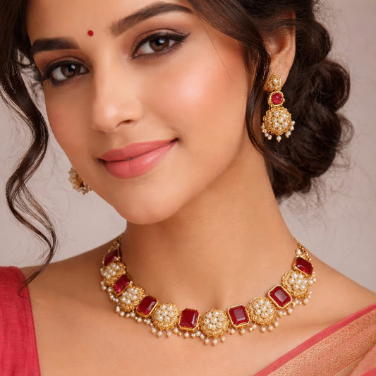 Ruby Rectangle & Pearl Filigree Necklace & Earring Set