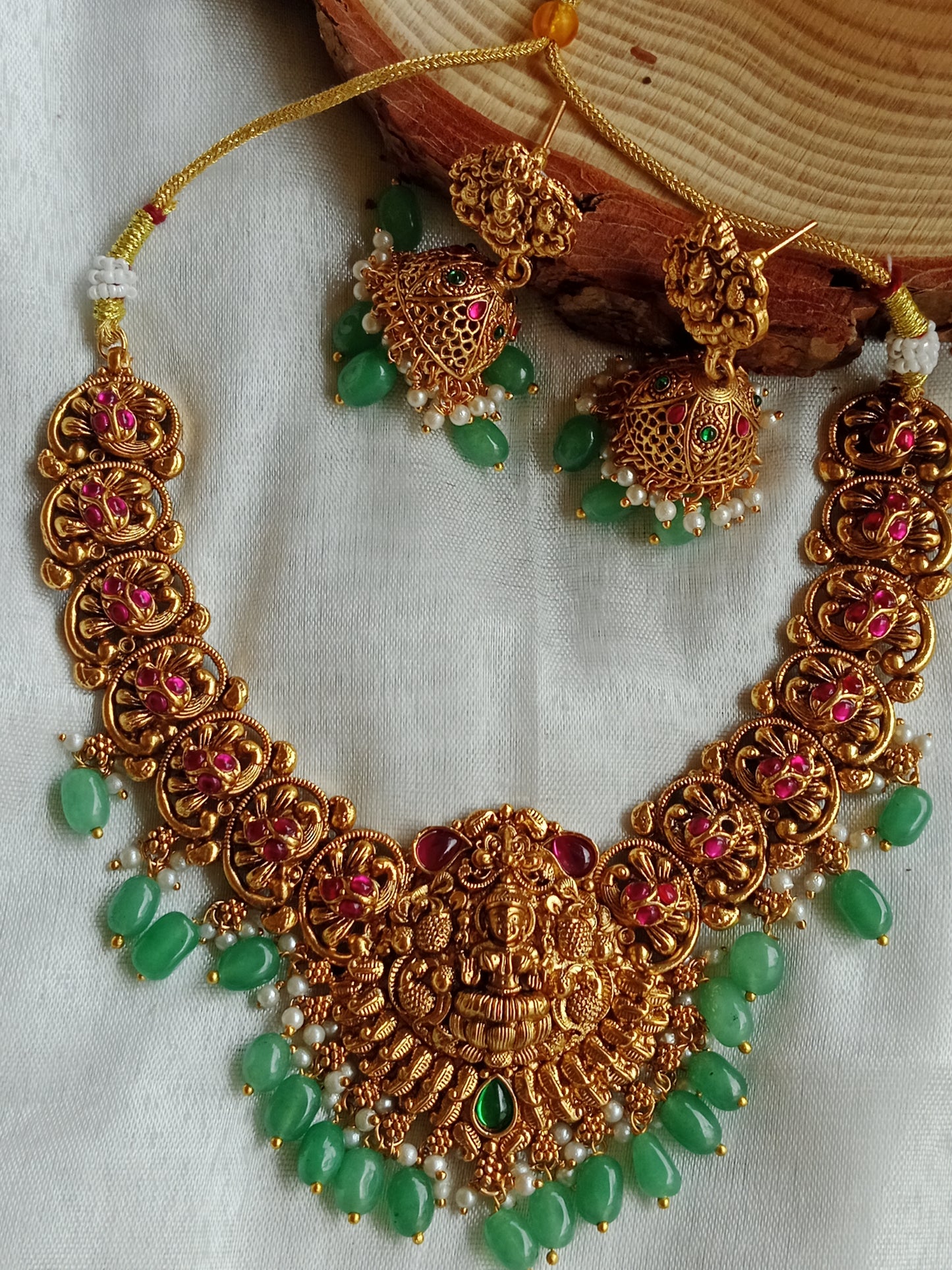 Goddess Lakshmi Antique Gold Temple  Set with Mint Green Beads, Ruby Stones & Lakshmi Jhumka Earrings