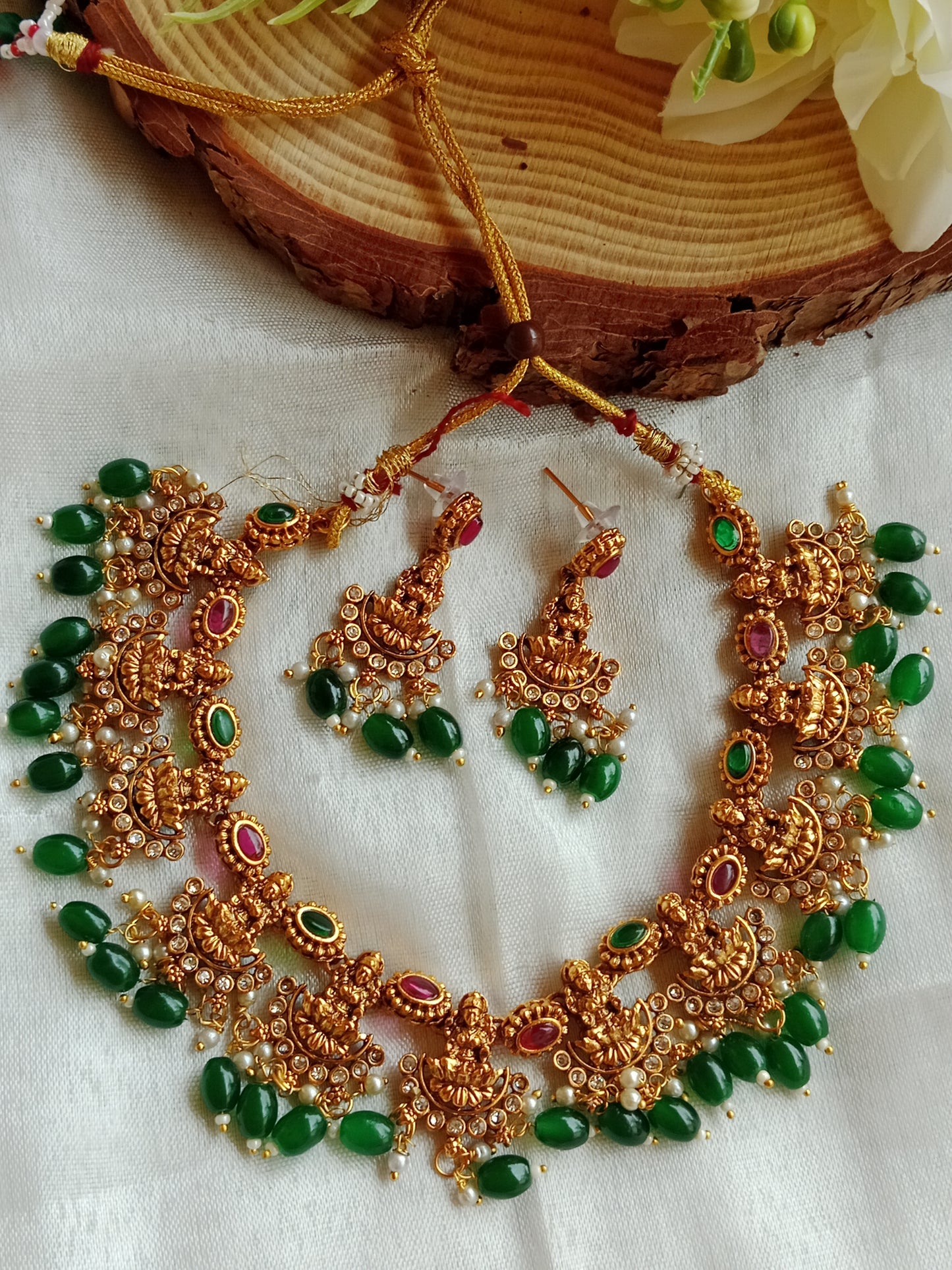 Lakshmi Temple Necklace Set with Emerald Green Beads, Ruby Stones & Chandbali Earrings