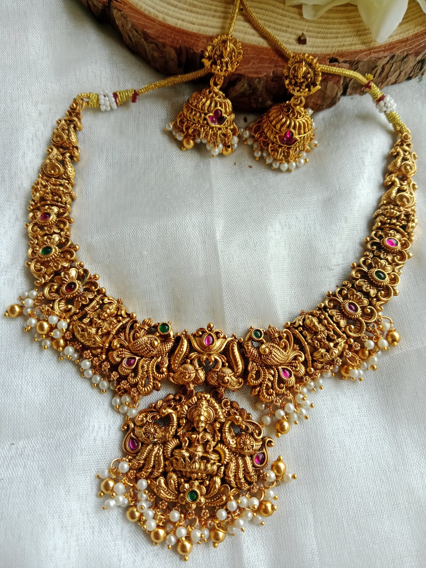 Heavy Lakshmi Temple Necklace Set with Peacock Motifs, Pearl Drops & Lakshmi Jhumka Earrings