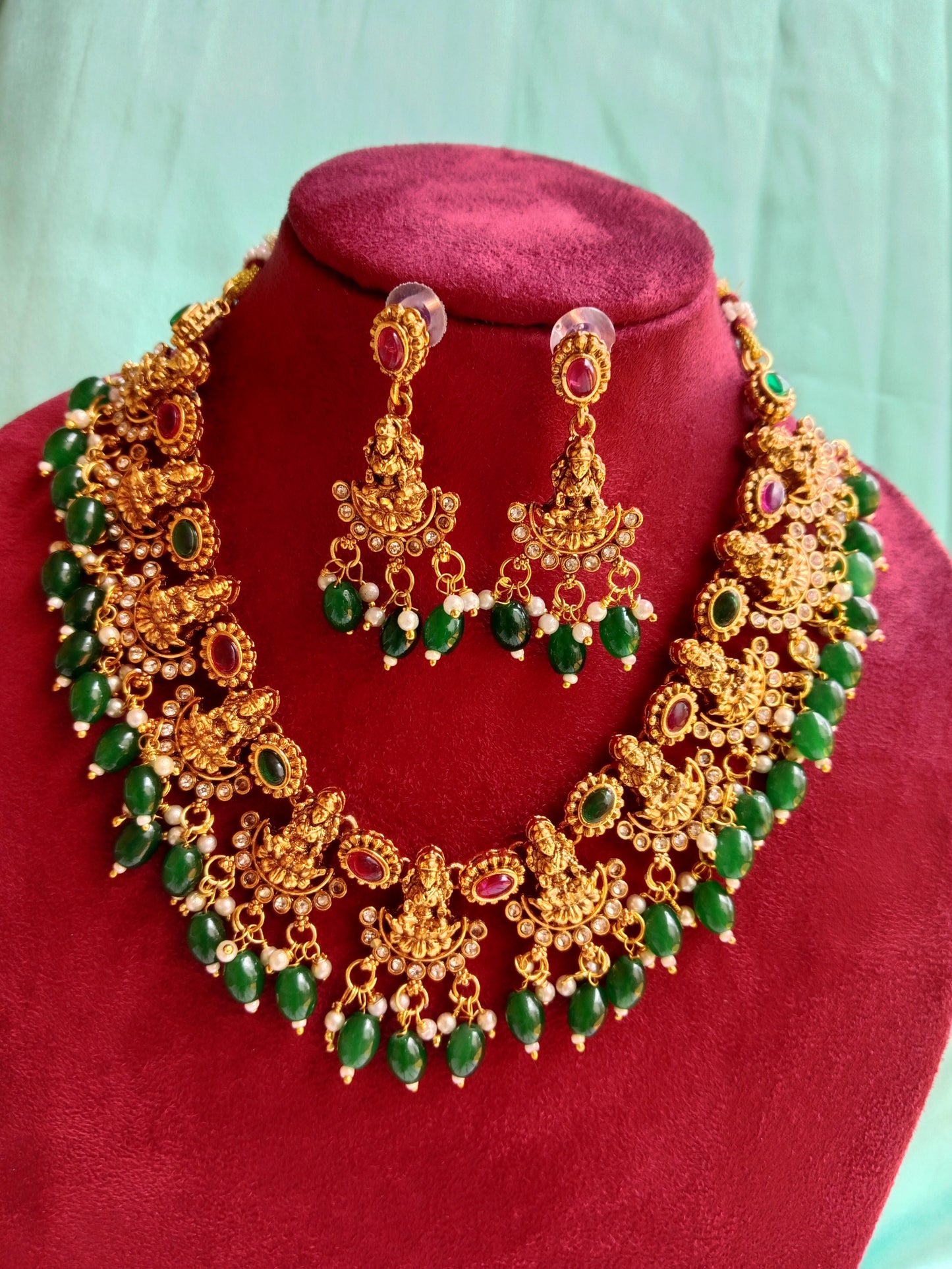 Lakshmi Temple Necklace Set with Emerald Green Beads, Ruby Stones & Chandbali Earrings