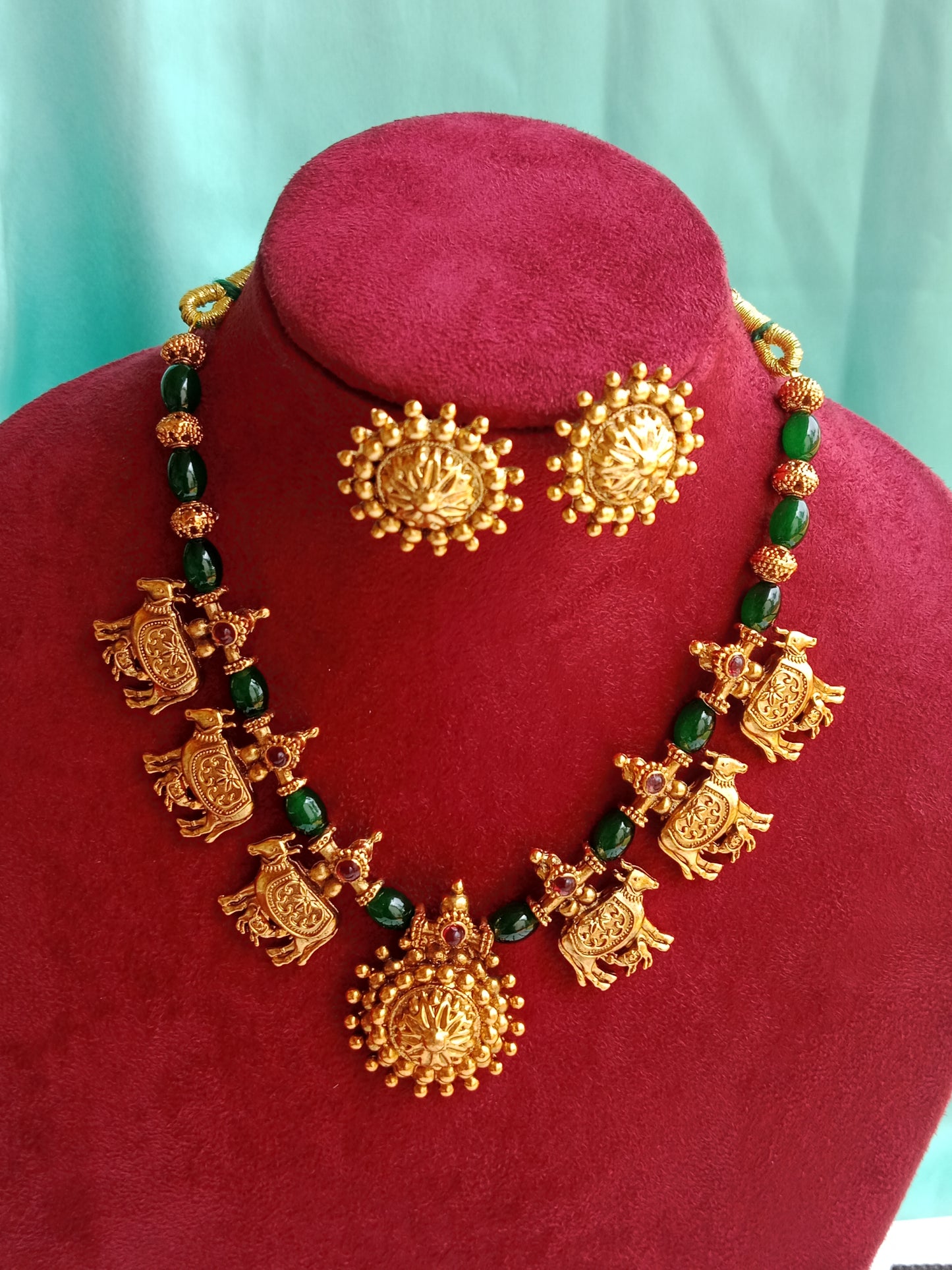Kamadhenu Temple Necklace Set with Emerald Green Beads & Stud Earrings