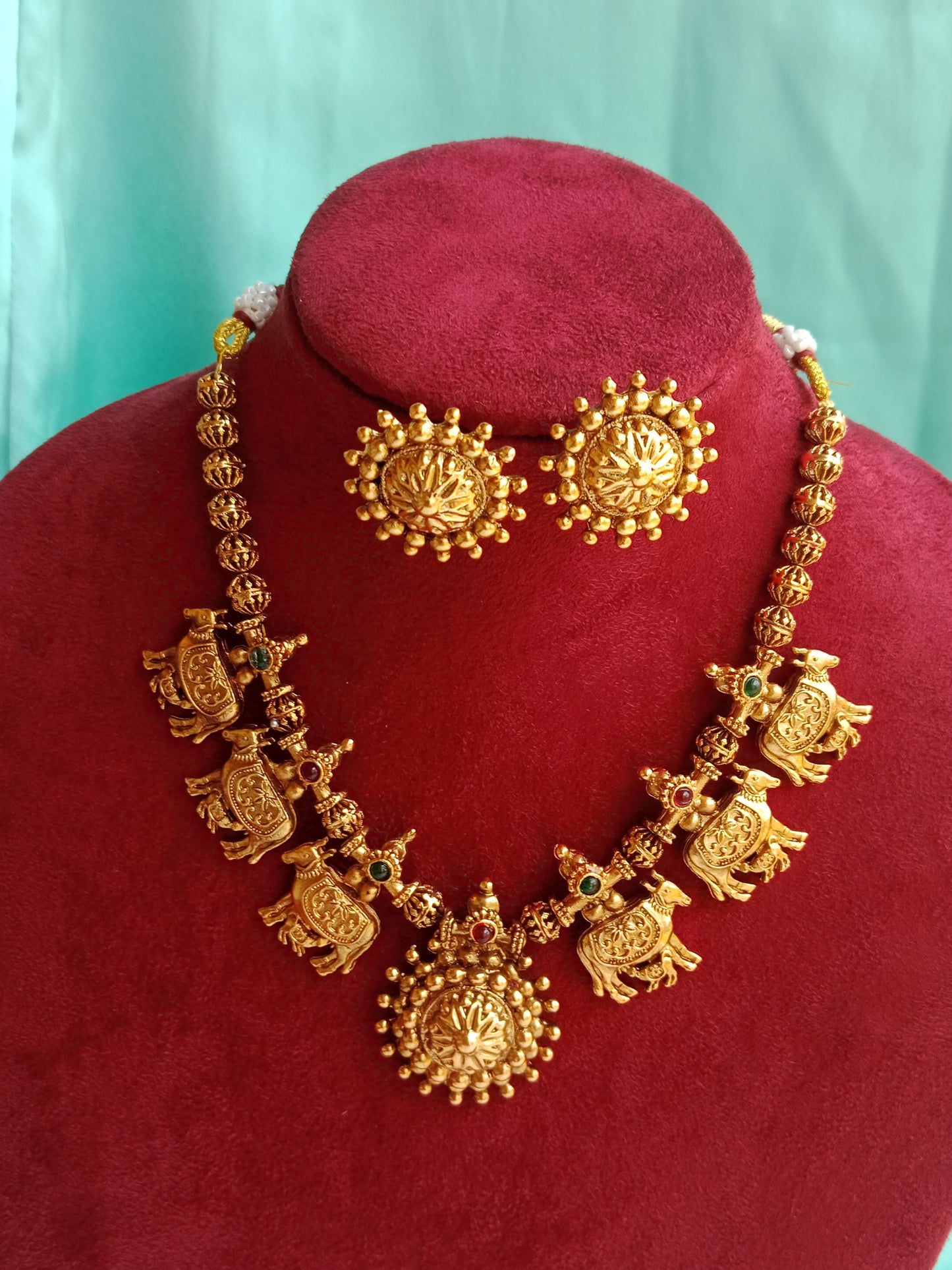 Kamadhenu Temple Necklace Set with Gold Filigree Balls & Lotus Stud Earrings