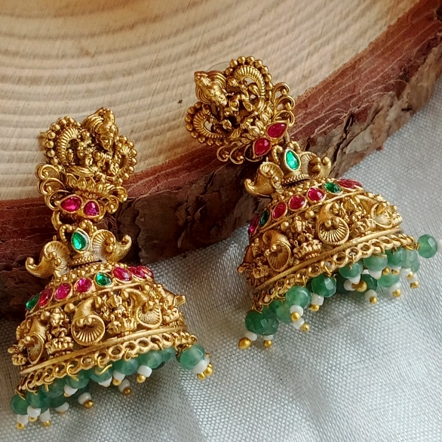 Lakshmi Temple Jhumka Earrings with Emerald Beads