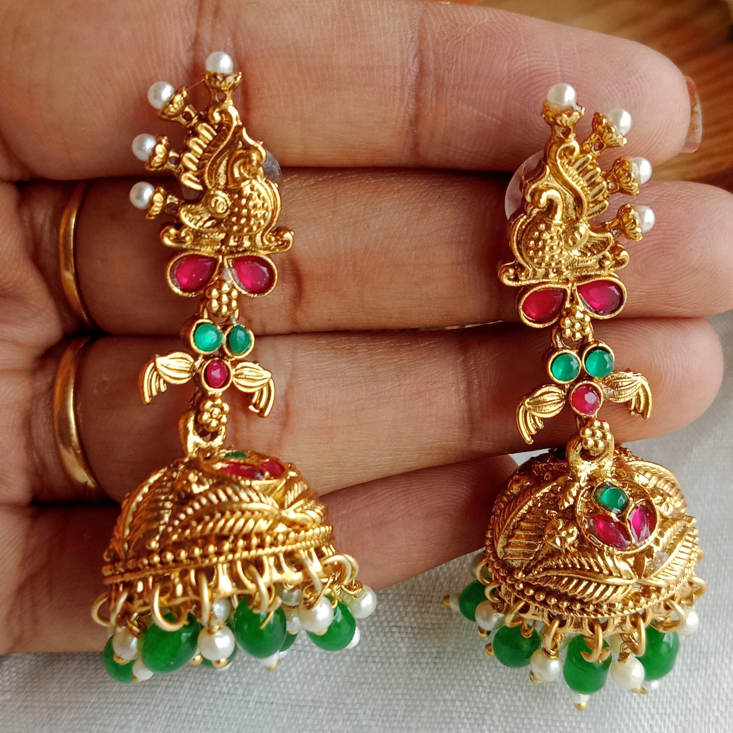 Peacock Temple Jhumka Earrings with Emerald & Pearl Drops