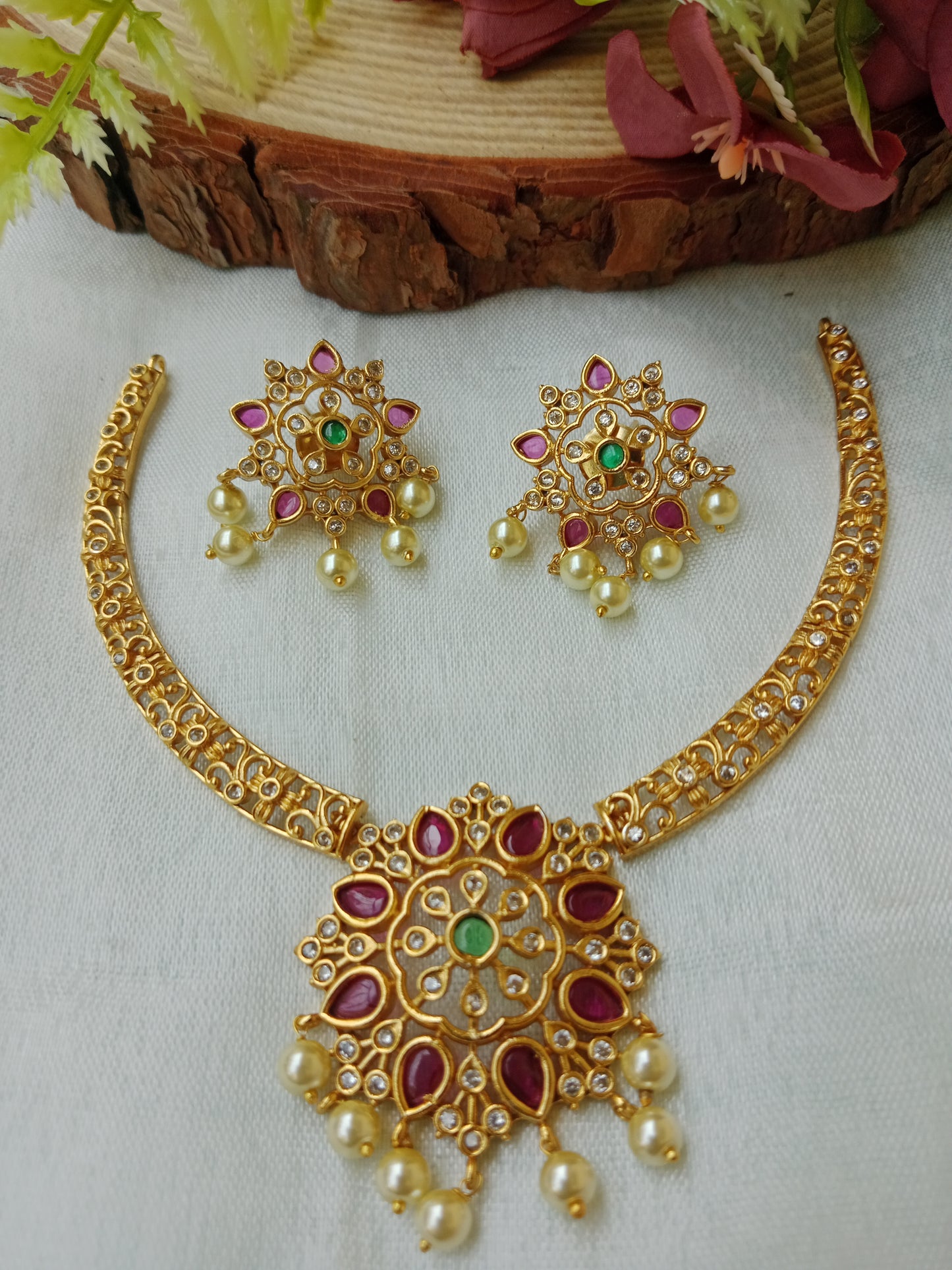 Antique Gold Filigree hasli Set with Ruby, Emerald & Pearl Drops
