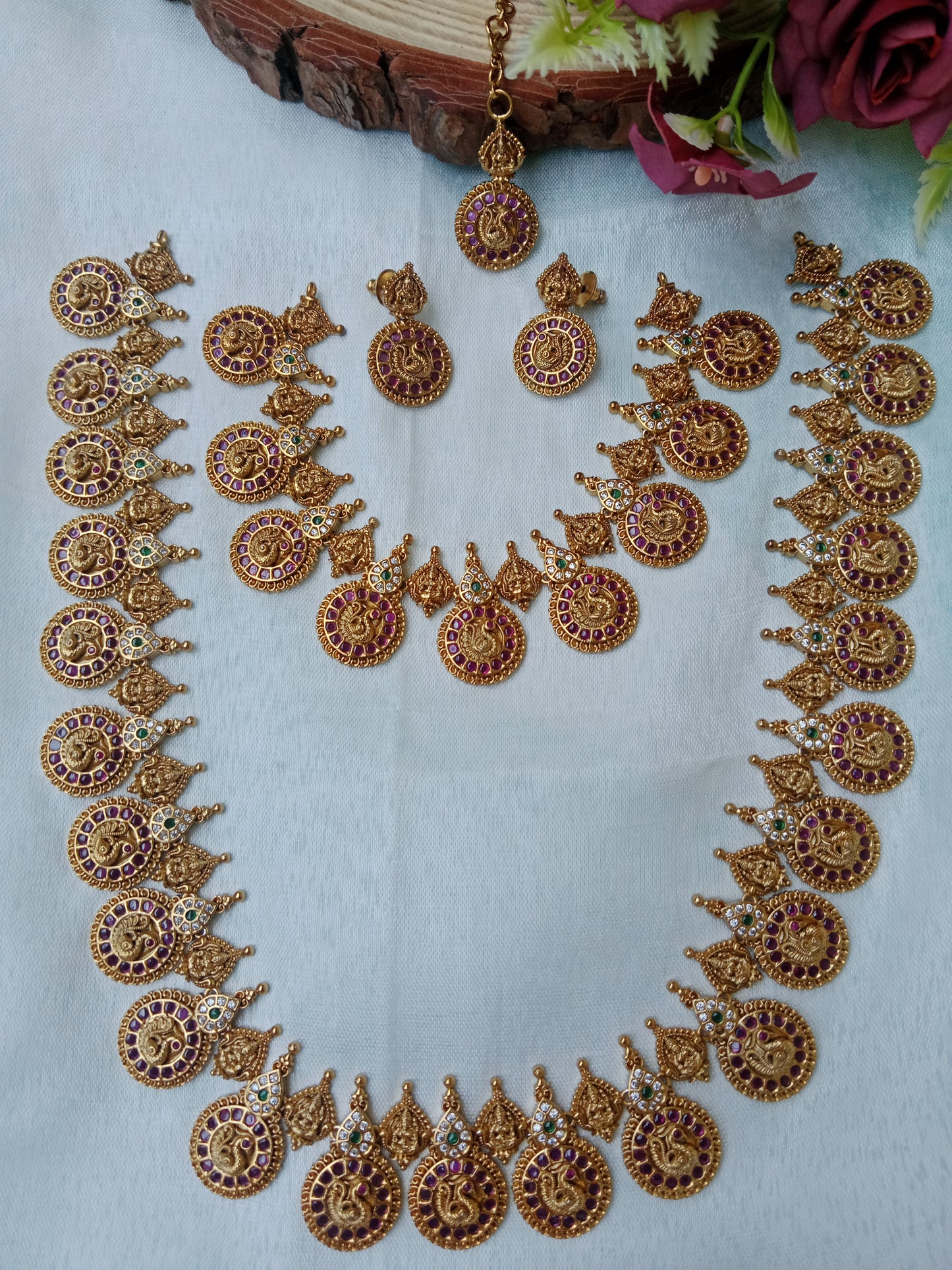 Peacock Kasu Mala Double Necklace Set with Earrings & Maang Tikka