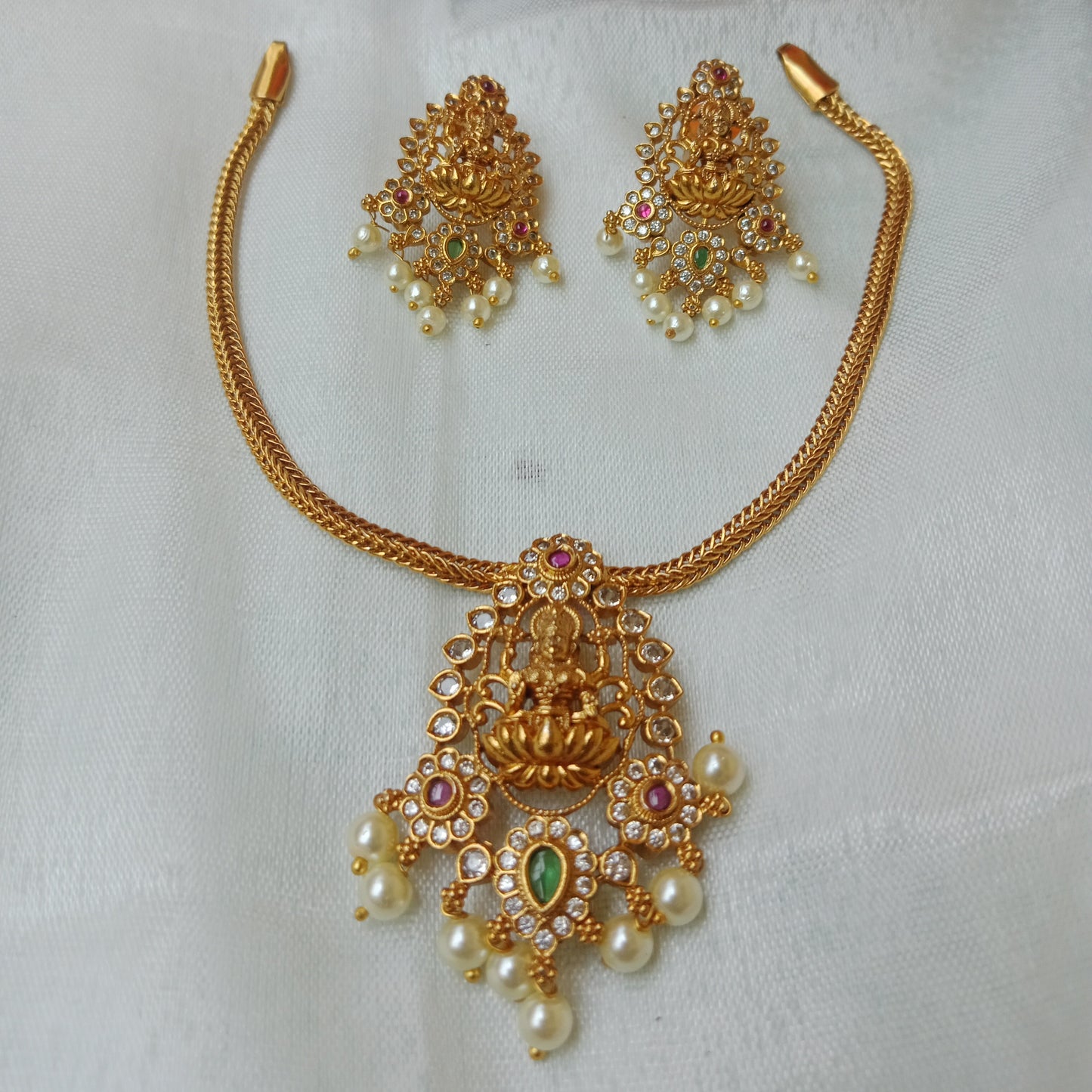 Lakshmi CZ Pearl Hasli Necklace Set | Antique Gold Temple Jewellery