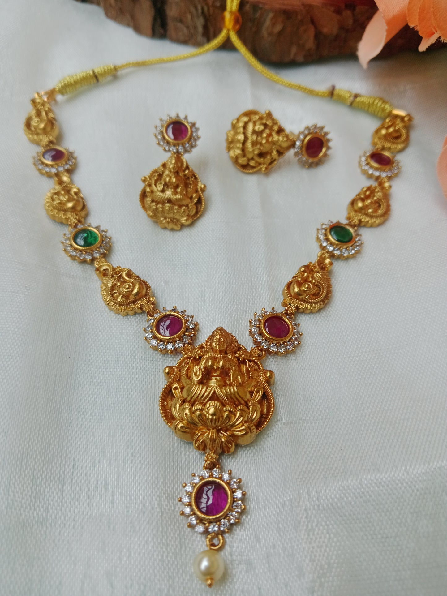 Lakshmi Ganesha CZ Ruby Emerald Necklace Set