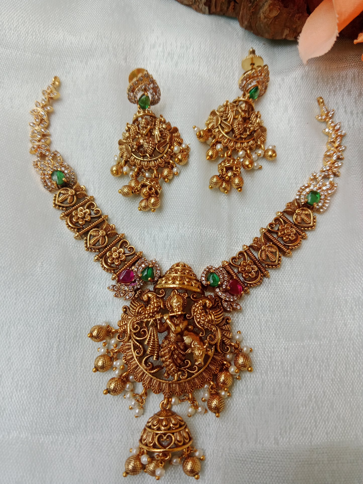 Krishna Flute Lakshmi Temple Necklace Set