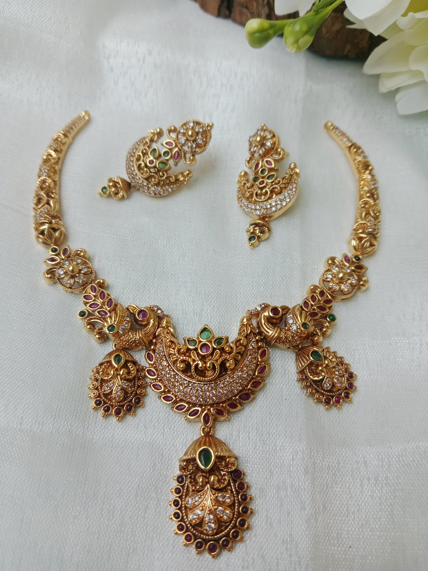 Royal Peacock Temple Jewellery Necklace Set with Earrings