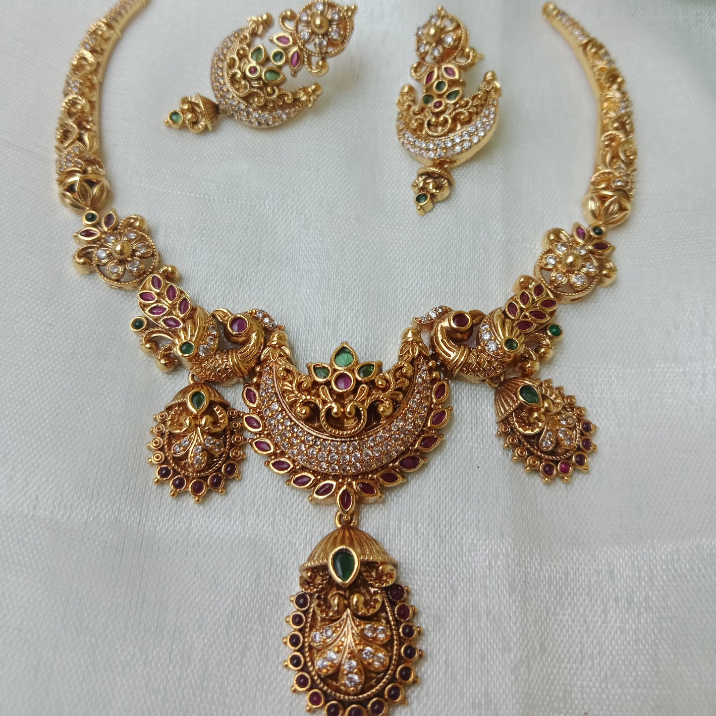 Peacock CZ Ruby Emerald Bridal Necklace Set