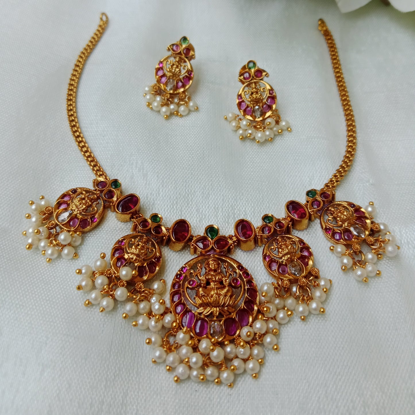 Lakshmi Lotus Temple Necklace Set | Ruby, Emerald & Pearl Antique Gold Jewellery