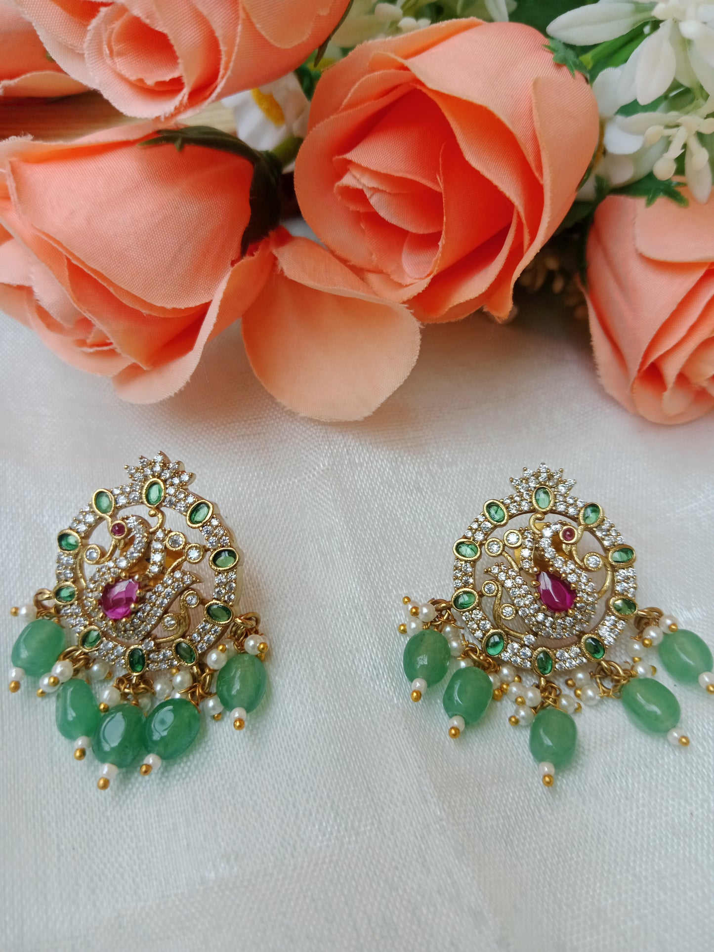 Peacock CZ Emerald Chandbali Earrings