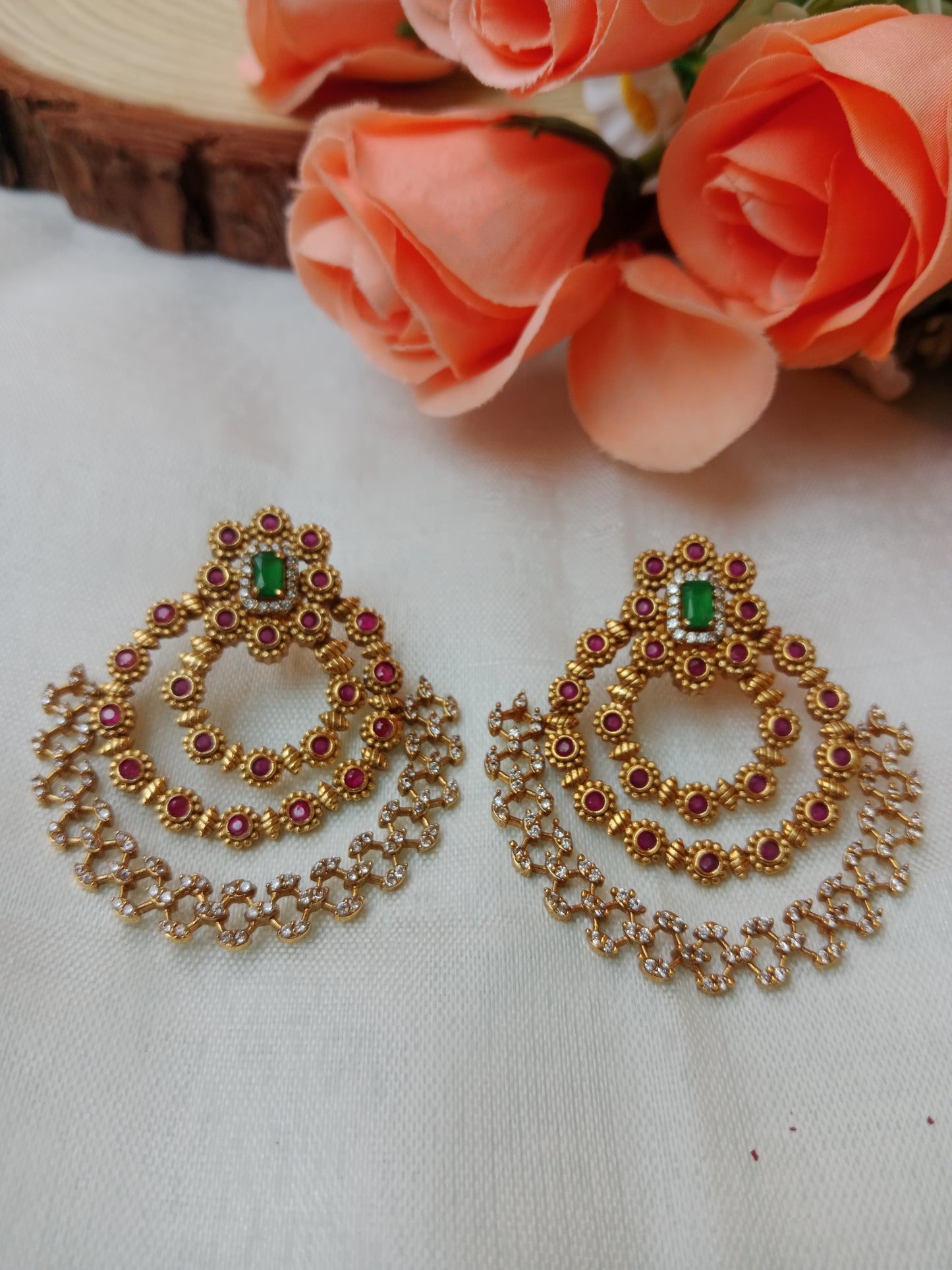 Ruby Emerald Layered Chandbali Earrings