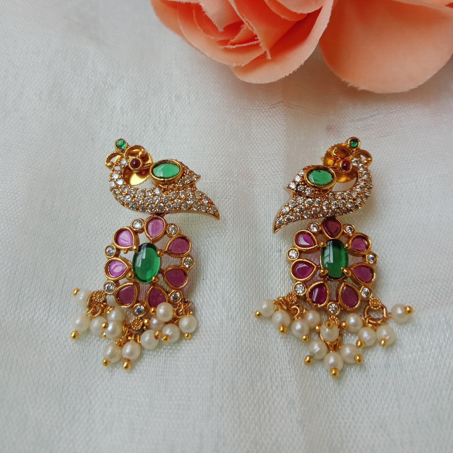 Peacock CZ Ruby Emerald Drop Earrings with Pearl Dangles