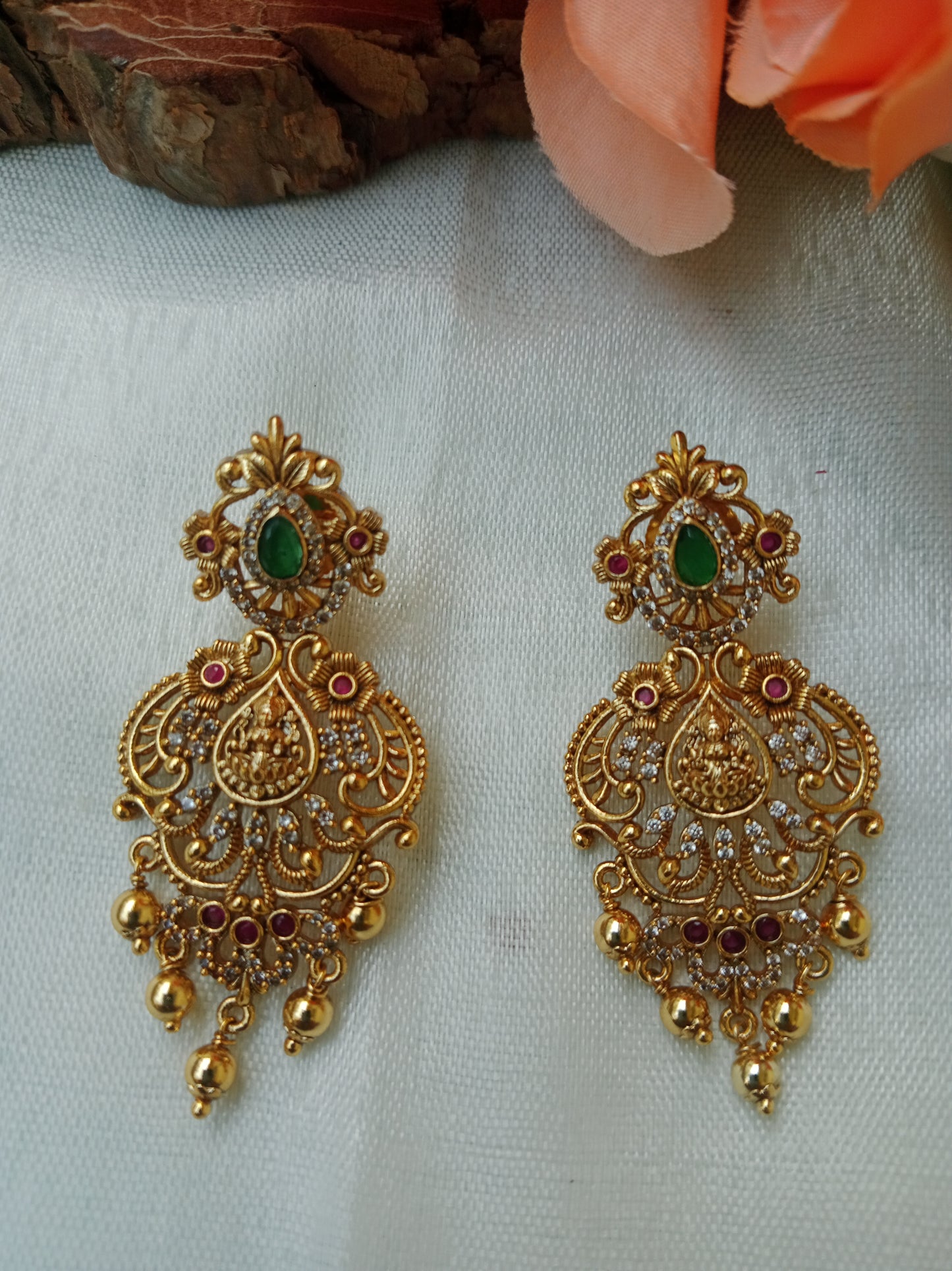 Antique Gold Lakshmi Chandbali Earrings – Emerald, Ruby, CZ & Gold Bead Drops