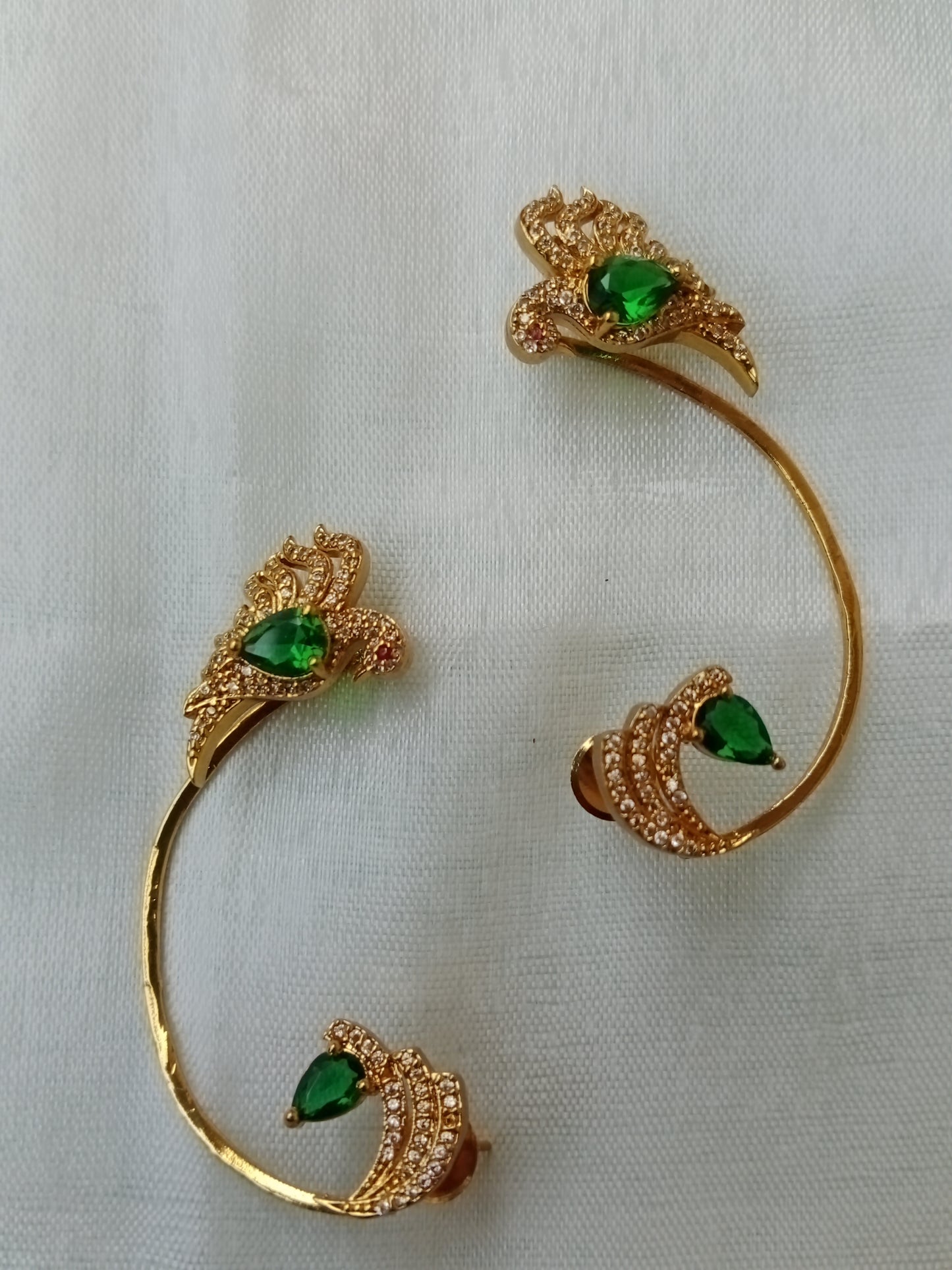 Gold Peacock Hoop Ear Cuff Earrings – Emerald Green & CZ