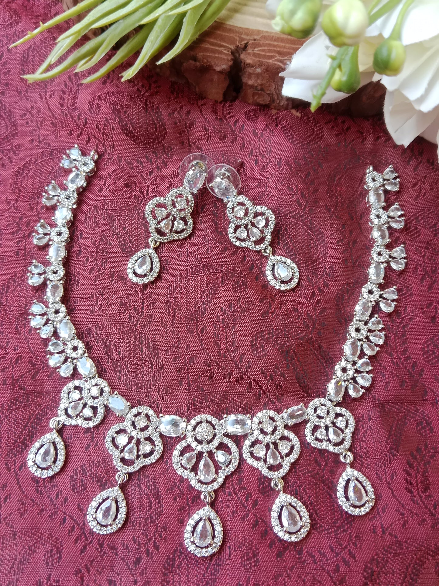 Silver AD Floral Necklace Set