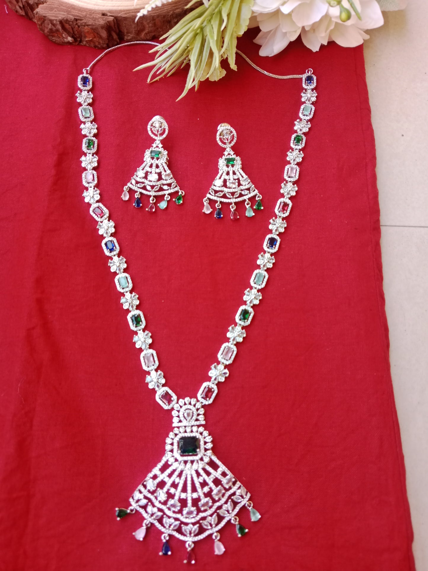 Multicolour CZ Diamond Long Necklace Set