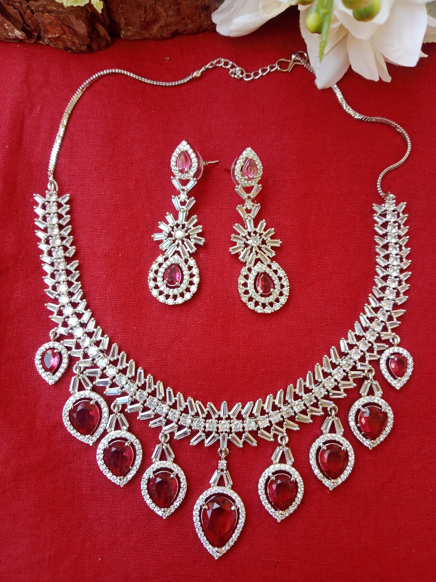 Ruby Red CZ Baguette Fringe Necklace Set