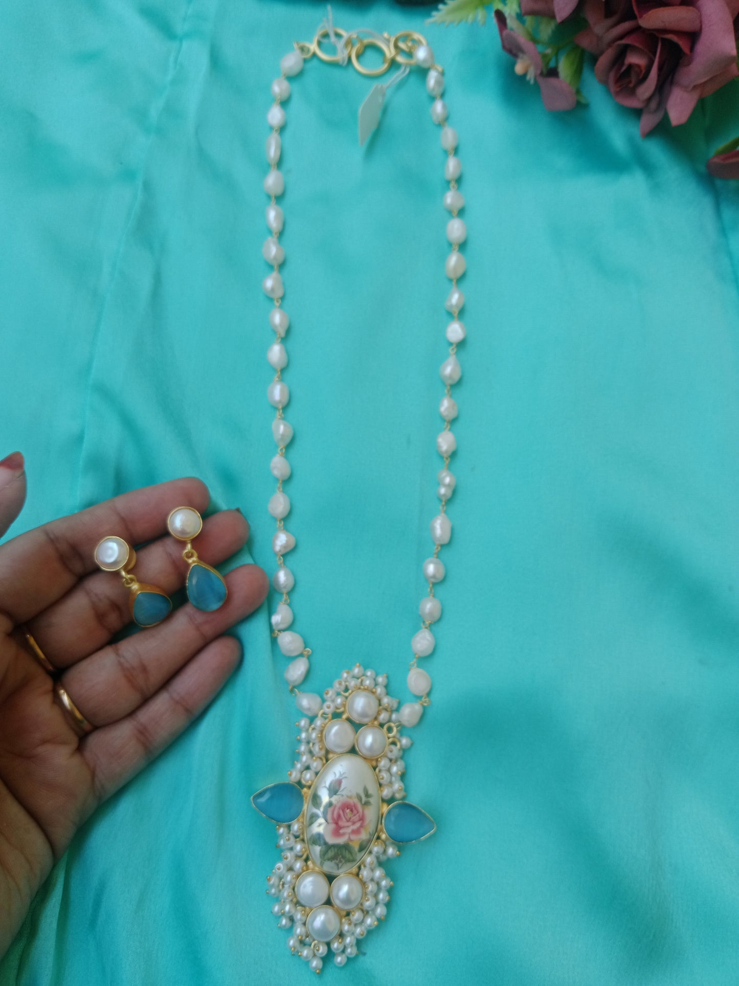 Floral Minakari Pearl Pendant Necklace Set