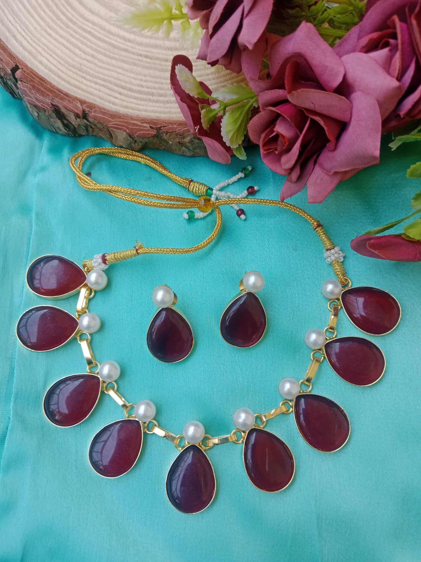 monalisa  maroon Tear drop Choker Necklace with Pearl Spacers & Matching Earrings