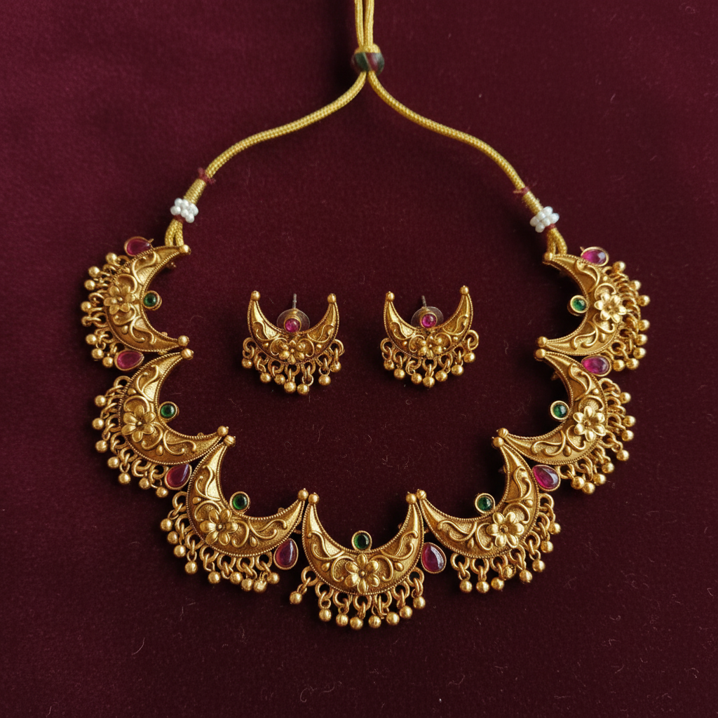 Antique Gold Crescent Floral Necklace Set with Ruby & Emerald Stones and Ghungroo Drops