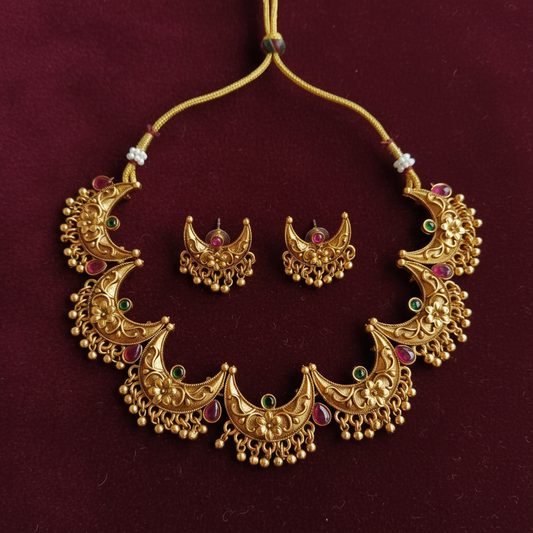 Antique Gold Crescent Floral Necklace Set with Ruby & Emerald Stones and Ghungroo Drops