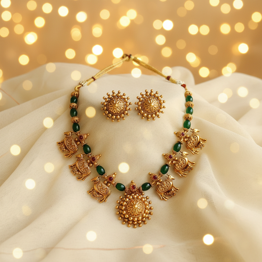 Kamadhenu Temple Necklace Set with Emerald Green Beads & Stud Earrings