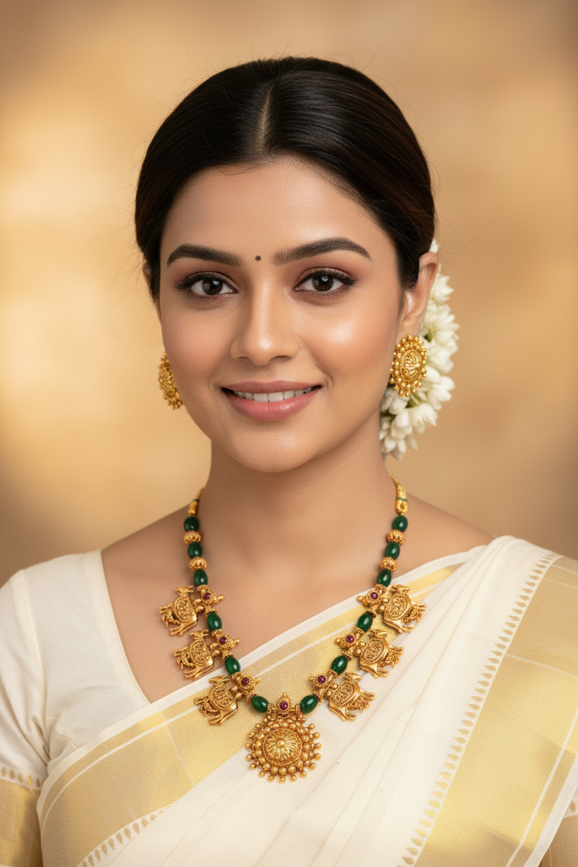 Kamadhenu Temple Necklace Set with Emerald Green Beads & Stud Earrings
