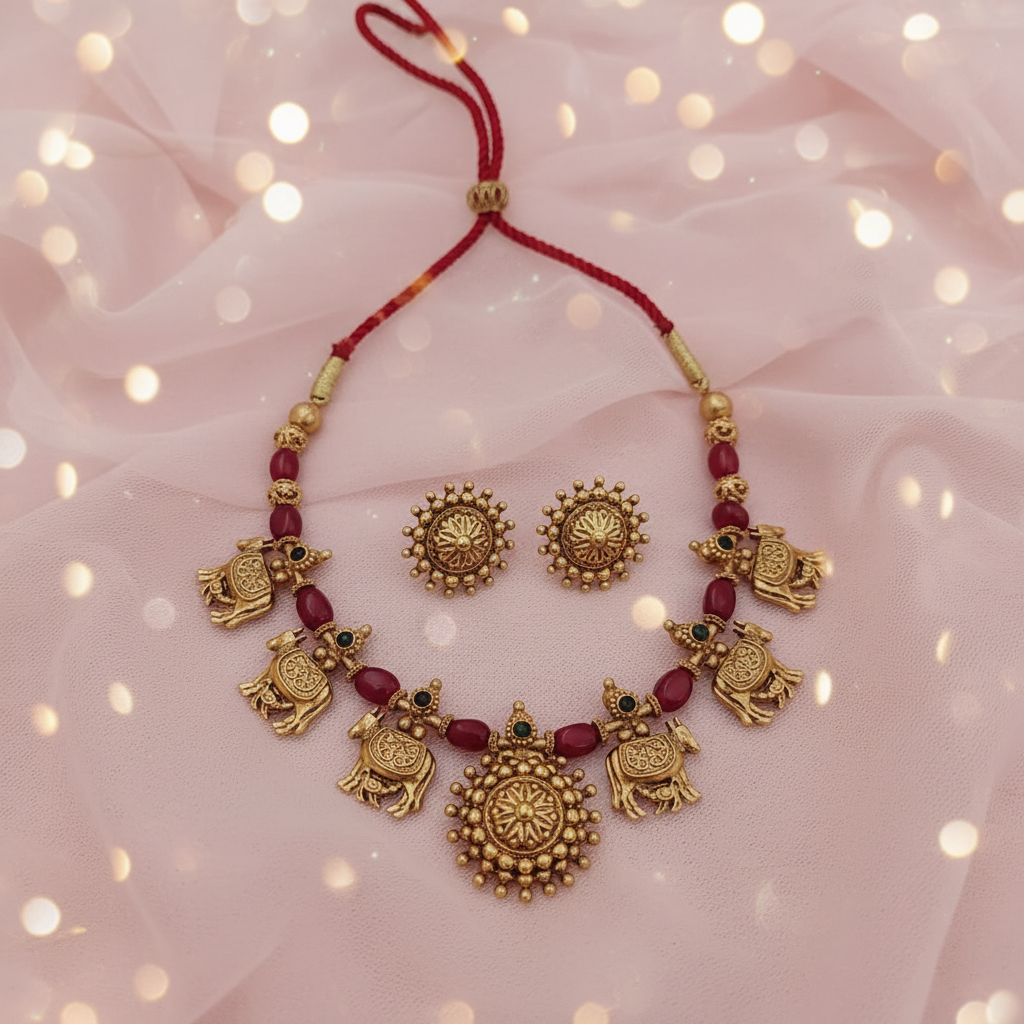 Kamadhenu Antique Gold Temple Necklace Set with Ruby Red Beads & Stud Earrings