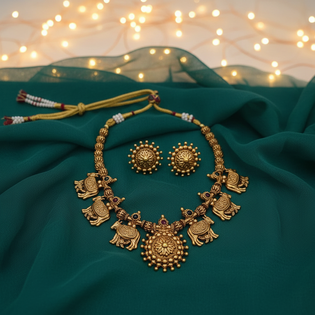 Kamadhenu Temple Necklace Set with Gold Filigree Balls & Lotus Stud Earrings
