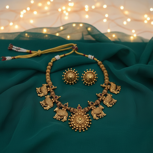 Kamadhenu Temple Necklace Set with Gold Filigree Balls & Lotus Stud Earrings