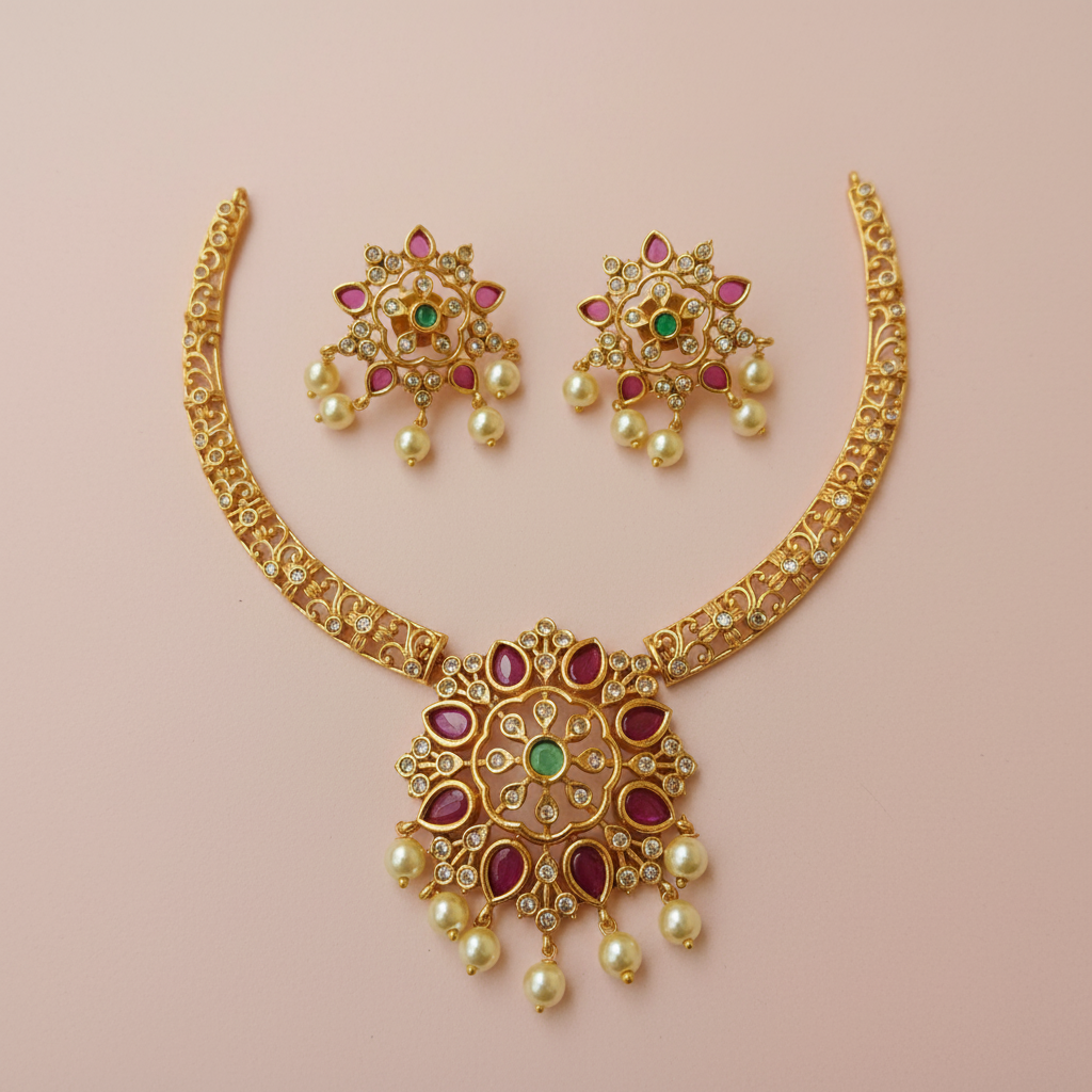 Antique Gold Filigree hasli Set with Ruby, Emerald & Pearl Drops