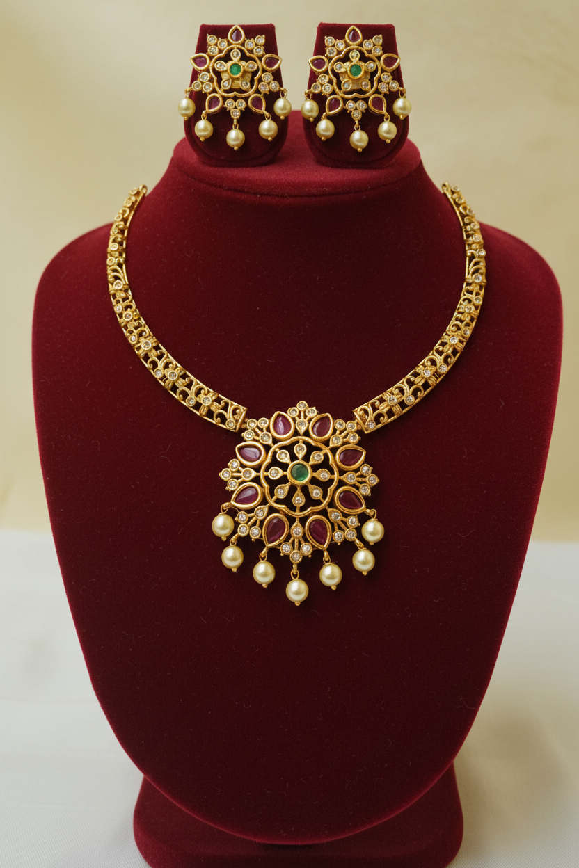 Antique Gold Filigree hasli Set with Ruby, Emerald & Pearl Drops