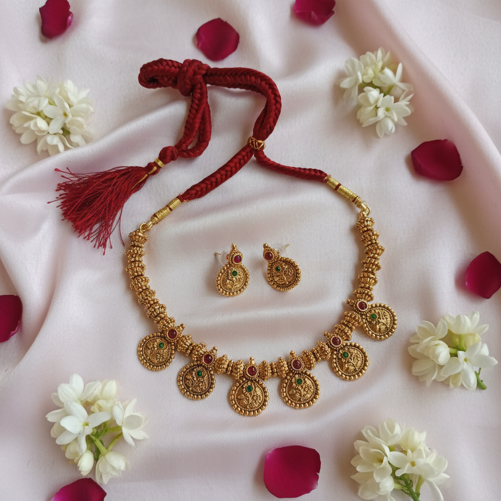 Title: Antique Gold Temple Coin Necklace Set