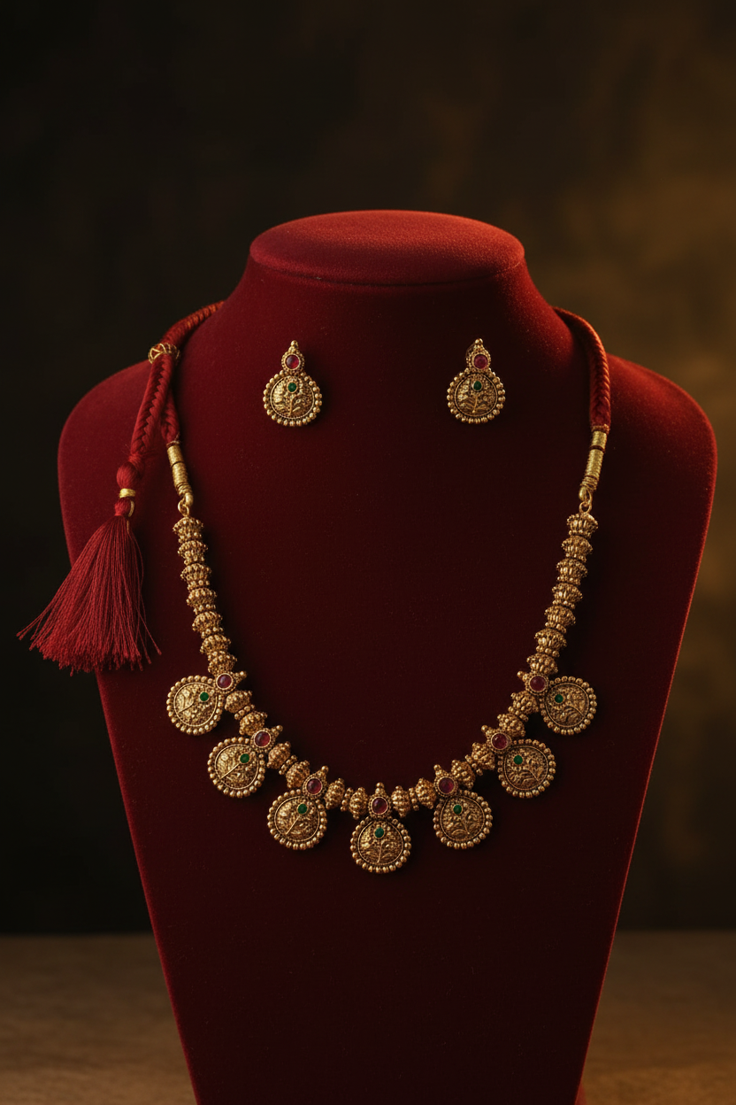 Title: Antique Gold Temple Coin Necklace Set