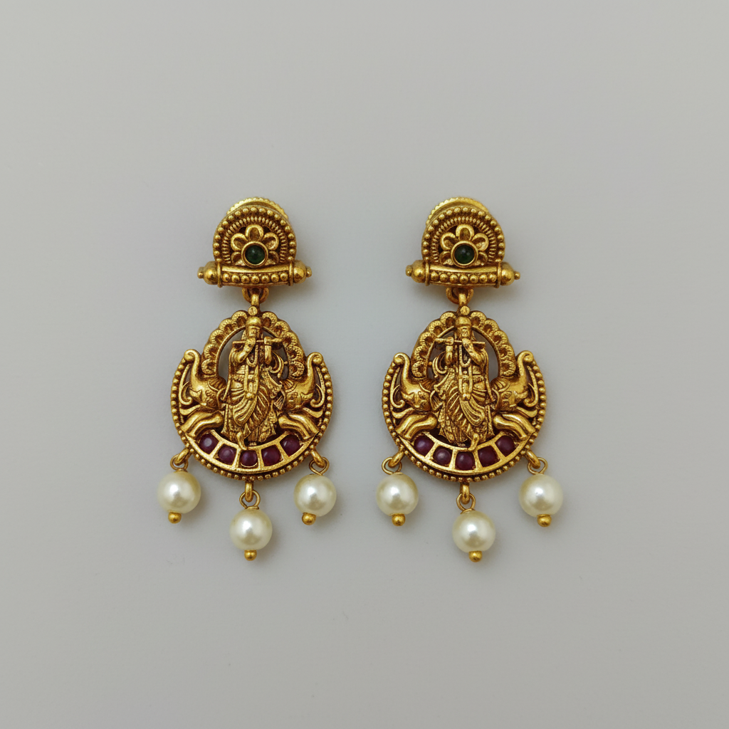 Antique Lakshmi Temple Chandbali Earrings – Ruby & Pearl Drop