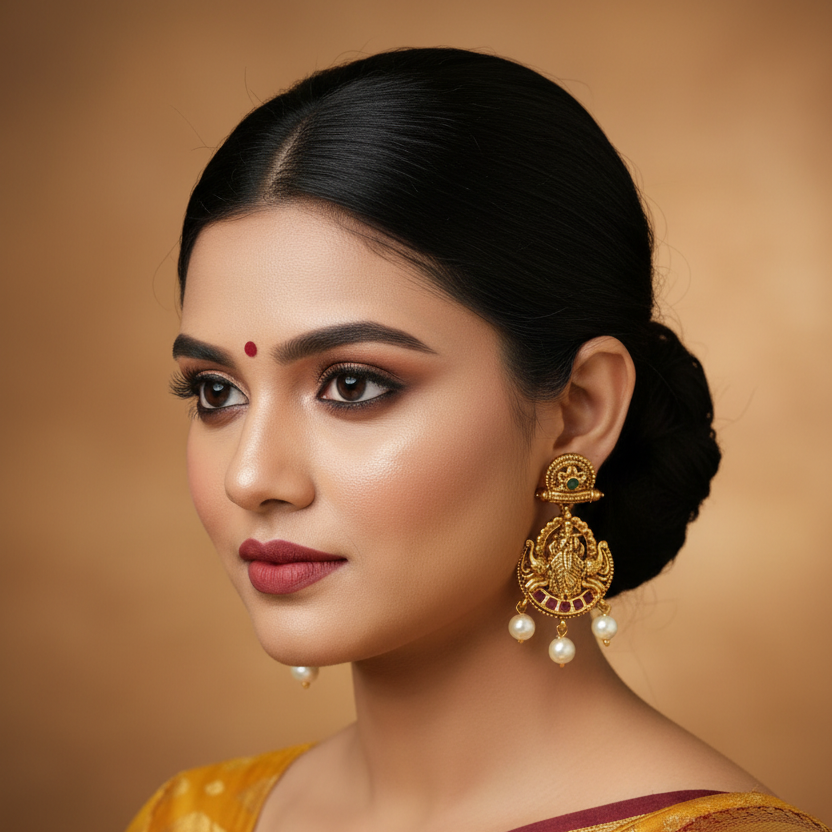 Antique Lakshmi Temple Chandbali Earrings – Ruby & Pearl Drop