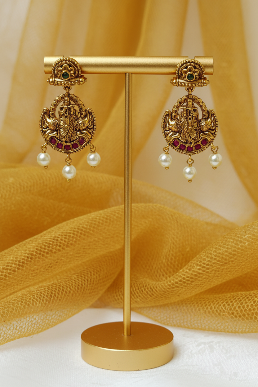 Antique Lakshmi Temple Chandbali Earrings – Ruby & Pearl Drop