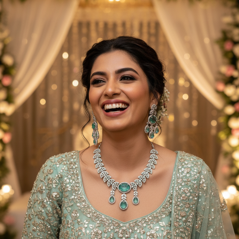 Emerald Green CZ Fan Necklace Set with Chandelier Drop Earrings