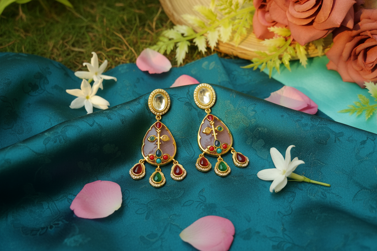 Baby Pink Meenakari Teardrop Earrings
