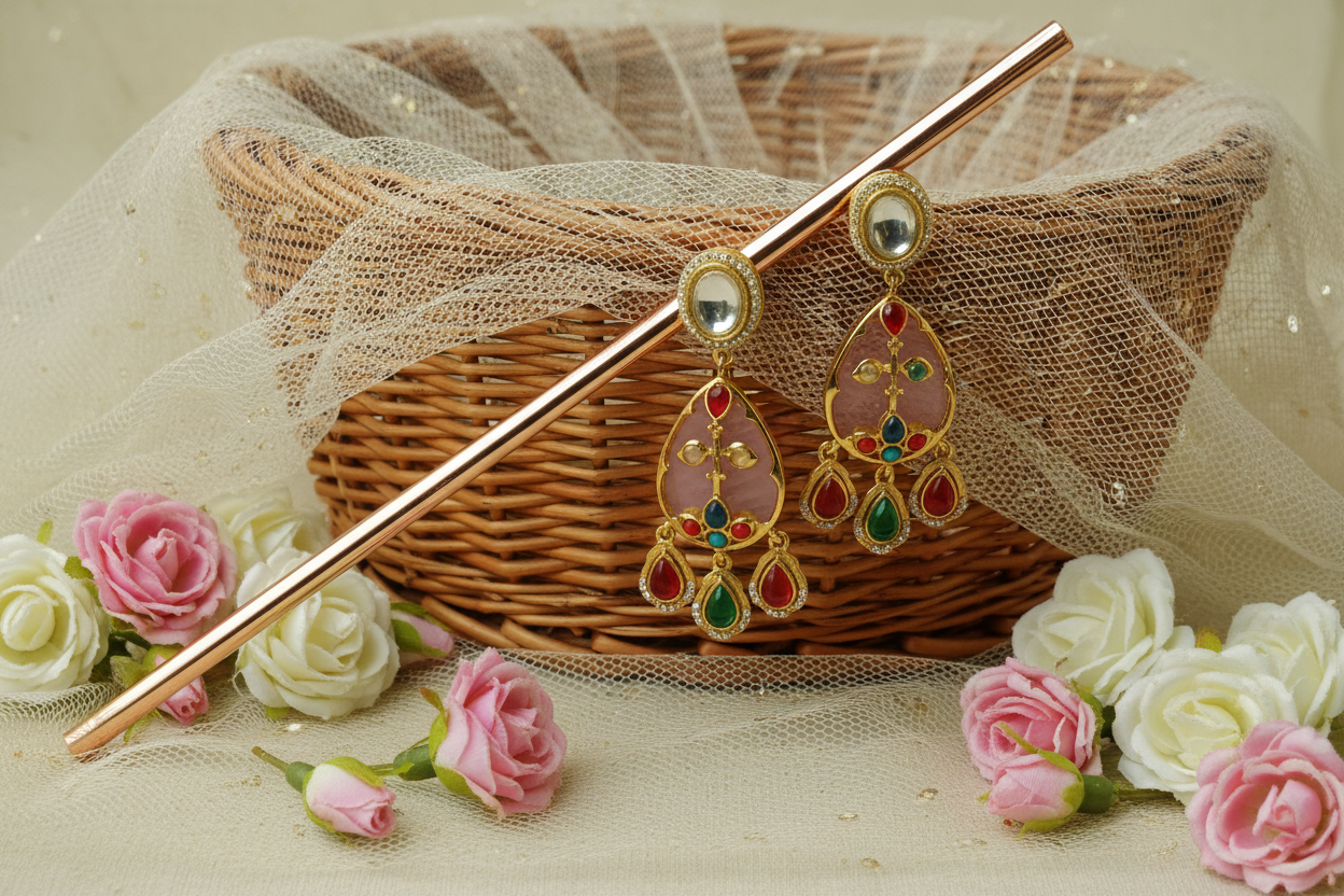 Baby Pink Meenakari Teardrop Earrings